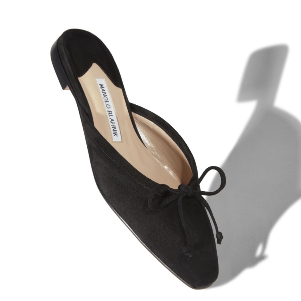 MANOLO BLAHNIK BALLERIMU BLACK SUEDE FLAT MULES SIZE 37